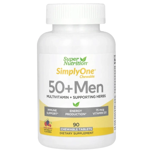 Super Nutrition, SimplyOne, Мультивитамины тройной силы для мужчин 50+, Вкус лесных ягод, 90 жевательных таблеток