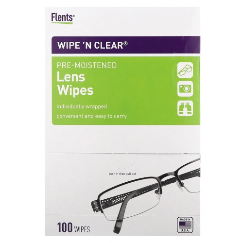 Flents, Wipe 'N Clear, увлажняющие салфетки для линз, 100 шт.