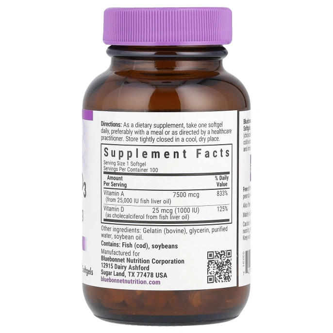 Bluebonnet Nutrition, Витамины A и D3, 100 гелевых капсул