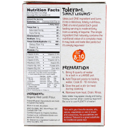 Tolerant, Simply Legumes, паста из органической красной чечевицы, спиральки, 8 унц. (227 г)