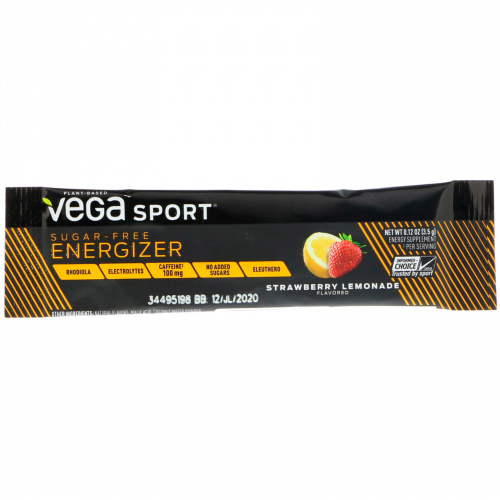 Vega, Стимулятор без сахара Sport, клубничный лимонад, 30 пакетиков по 0,12 унц. (3,5 г)