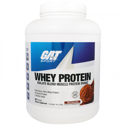 GAT, Изолят Сывороточного Протеина, Белковый Коктейль для Наращивания Мышечной Массы, Высококачественный Шоколад, 5 фунтов (2268 г)