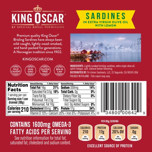 King Oscar, Wild Caught, Sardines In Extra Virgin Olive Oil With Lemon, 3.75 oz (106 g)
