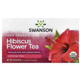 Swanson, 100% органический чай из цветков гибискуса, без кофеина, 20 чайных пакетиков, 40 г (1,4 унции)