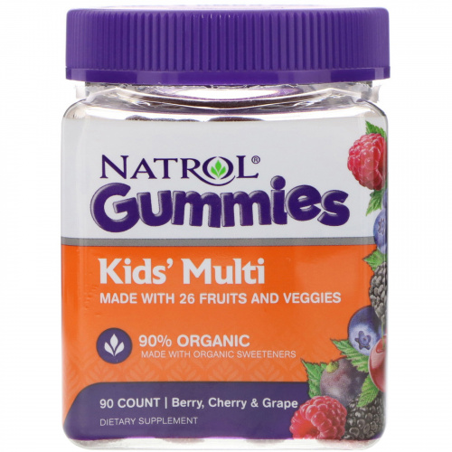 Natrol, Жевательные таблетки, Мультивитамины для детей, Ягоды, Вишня и виноград, 90 штук