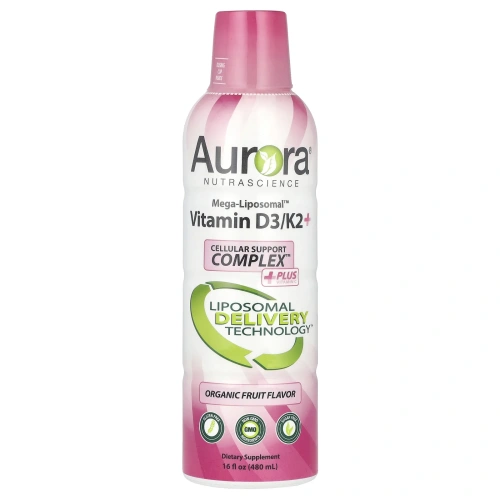 Aurora Nutrascience, Мега липосомальный витамин D3 / К2, органический фруктовый вкус, 9000 МЕ, 480 мл (16 жидк. унций)