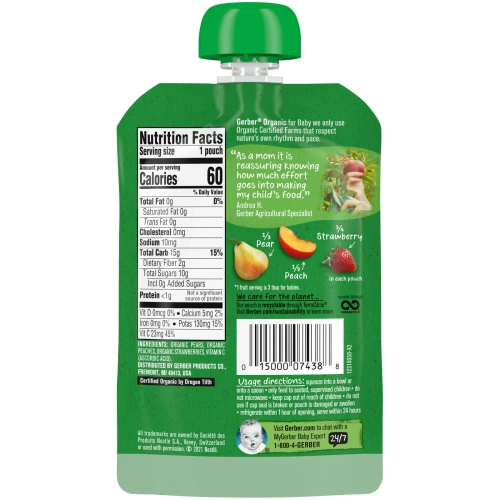 Gerber, 2nd Foods, органическое  детское питание, груша, персик и клубника, 3,5 унции (99 г)