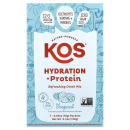 KOS, Hydration + Protein, освежающая смесь для напитков, тропические фрукты, 7 пакетиков по 18 г (0,65 унции)
