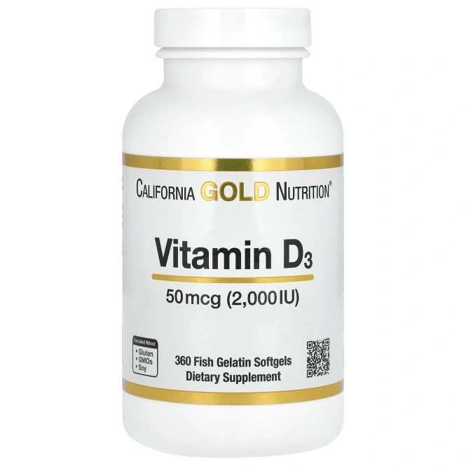 California Gold Nutrition Витамин D3 50 мкг 2000 МЕ, 360 мягких капсул с оболочкой из рыбьего желатина