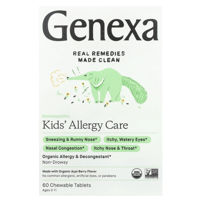Genexa, Allergy-D для детей, органический антиконгестант, со вкусом ягод асаи, 60 жевательных таблеток