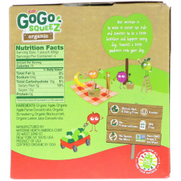 GoGo SqueeZ, Органическое яблочное пюре, яблоко и клубника, 4 пакетика по 3,2 унц. (90 г)