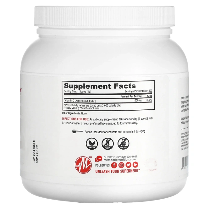 Metabolic Nutrition, Витамин C, без добавок, 500 г (17,64 унции)