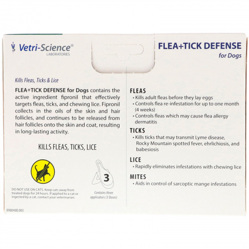VetriScience, Flea + Tick Defense for Dogs 45-88 lbs., 3 Applicators, 0.091 fl oz Each