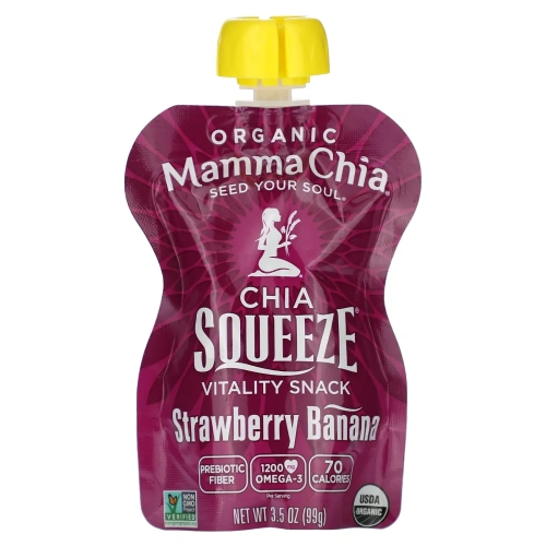 Mamma Chia, Органический сок чиа, энергетическая закуска, клубника-банан,  4 пластиковых бутылки, 3.5 унции (99 г) шт.