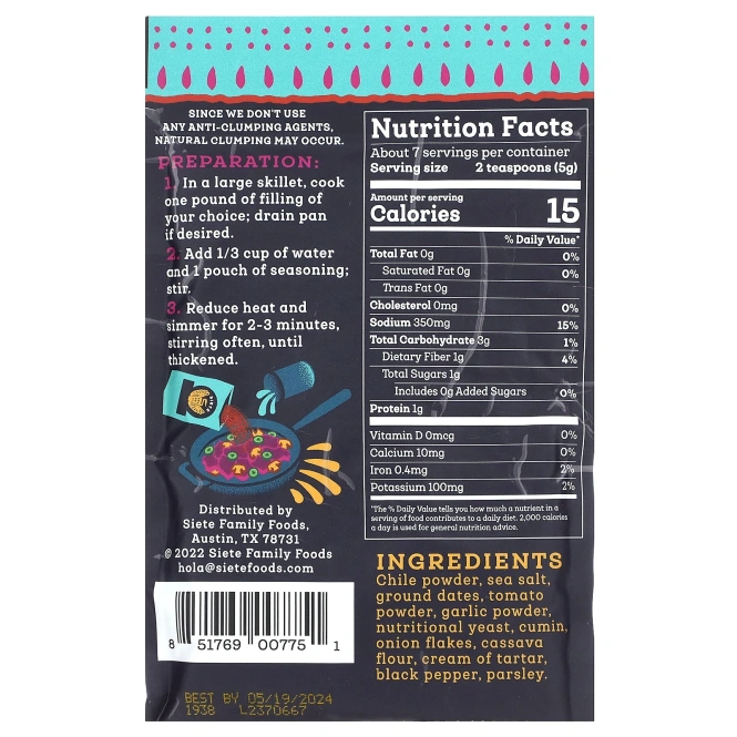 Siete, Приправа для тако, мягкая, 37 г (1,31 унции)