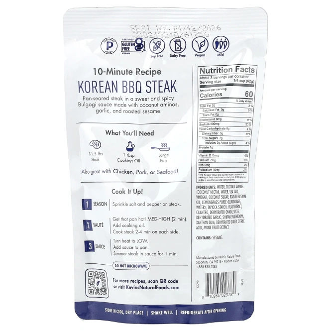 Kevin's Natural Foods, Корейский соус для барбекю, мягкий, 198 г (7 унций)