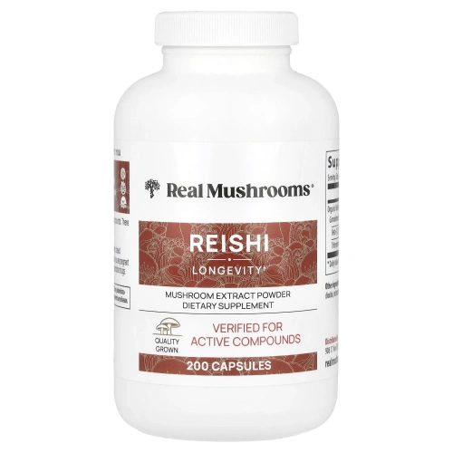 Real Mushrooms, Рейши, экстракт грибов в порошке, 200 капсул