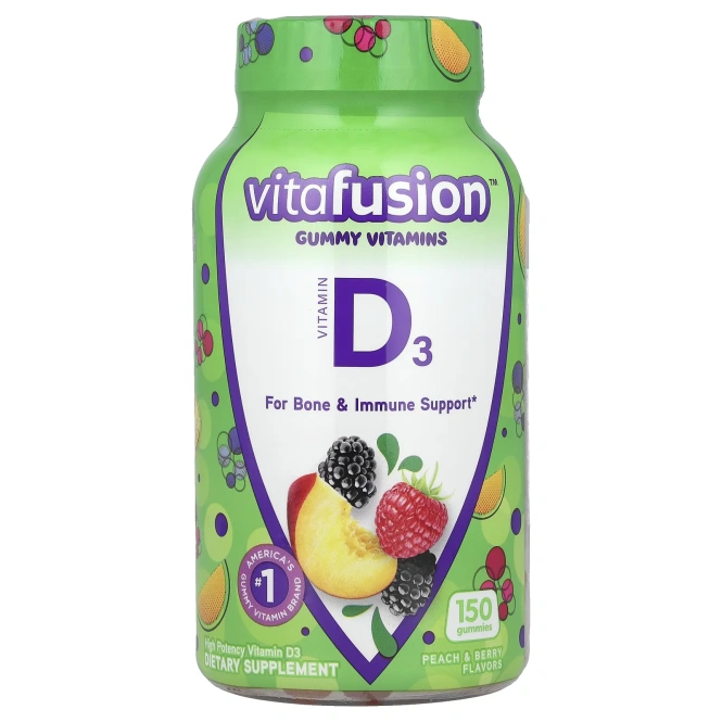 VitaFusion, Витамин D3 для поддержания иммунитета и здоровья костей, с натуральным вкусом персика, ежевики и клубники, 2000 МЕ, 150 жевательных таблеток