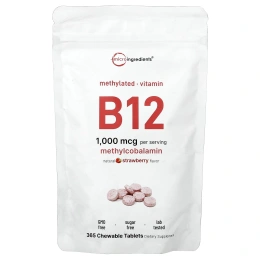 Micro Ingredients, витамин B12, натуральный клубничный вкус, 1000 мкг, 365 жевательных таблеток