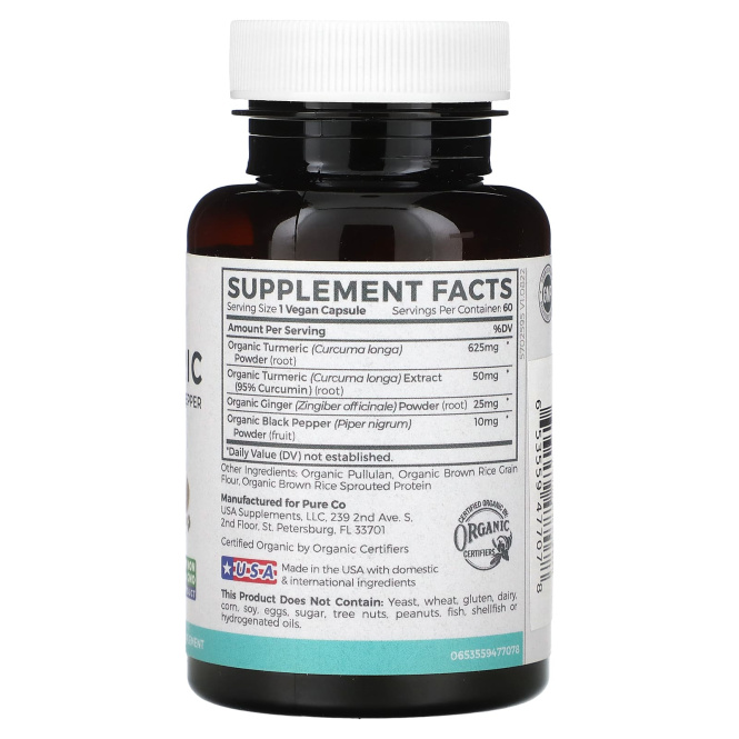 Pure Co., органическая куркума с имбирем и черным перцем, 60 растительных капсул