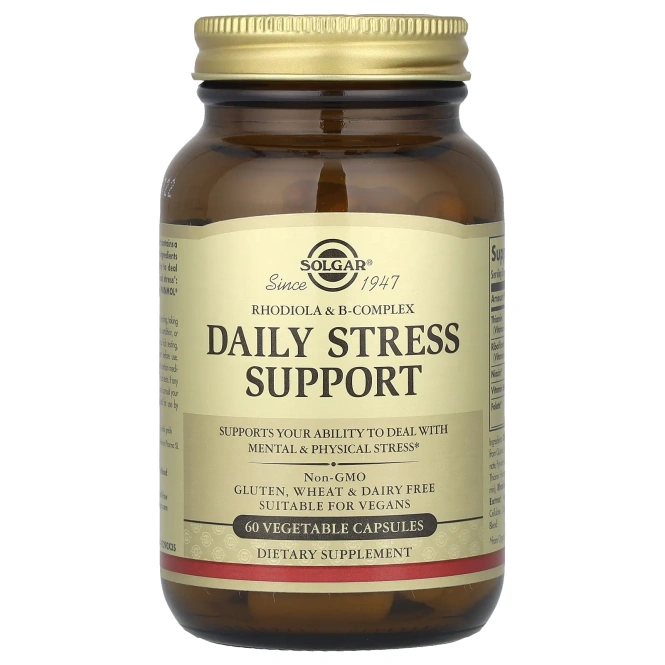 Solgar, Daily Stress Support, родиола и комплекс витаминов группы B, 60 растительных капсул