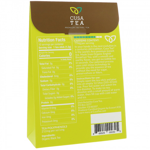 Cusa Tea, Органический английский чай для завтрака, 10 индивидуальных порций, 0,04 унц. (1,2 г) каждый