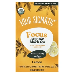 Four Sigmatic, Focus, органический черный чай с ежовиком гребенчатым, лимон, 5 пакетиков по 2,5 г (0,09 унции)