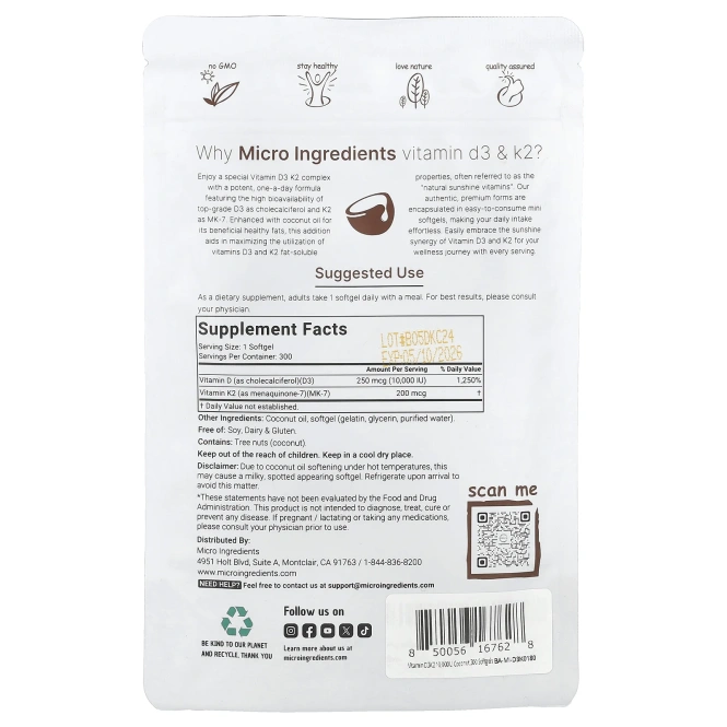 Micro Ingredients, Витамины D3 и K2, 300 мягких таблеток