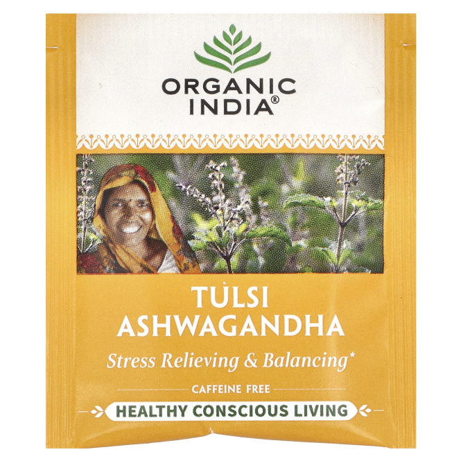 Organic India, чай с тулси и ашвагандой, без кофеина, 18 пакетиков для заваривания, 36 г (1,27 унции)
