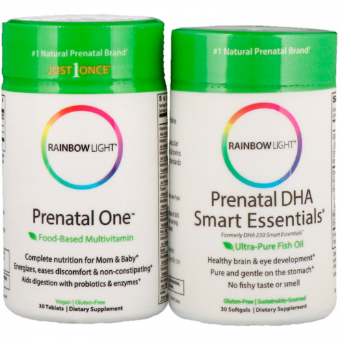 Rainbow Light, Пренатальные мультивитамины Prenatal One plus Prenatal DHA Smart Essentials, на 1 месяц (30 таблеток + 30 желатиновых капсул)