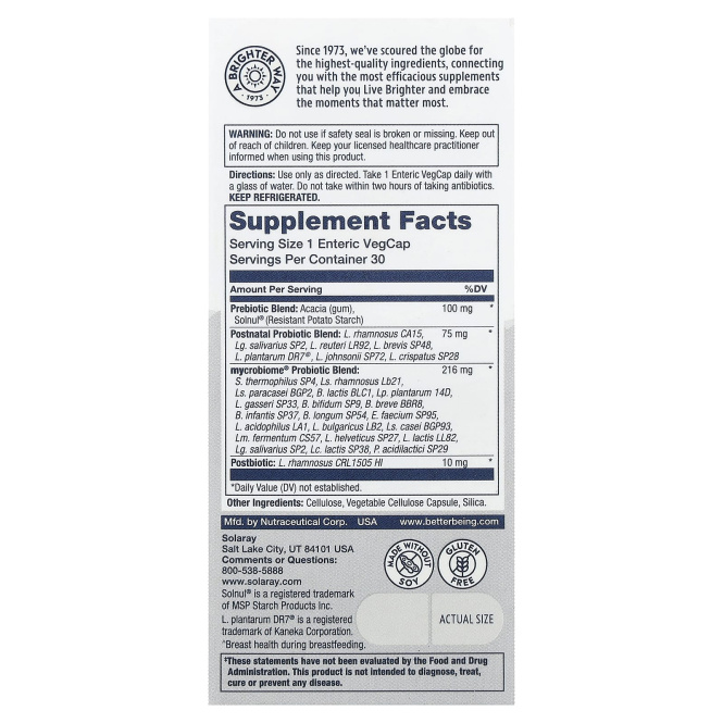 Solaray, Mycrobiome®, полноценный пробиотик, для послеродового периода, 30 растительных капсул