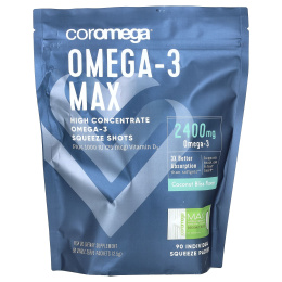 Coromega, Max High Concentrate Omega-3 Fish Oil, Coconut Bliss, 90 выжимок, 2,5 г каждый