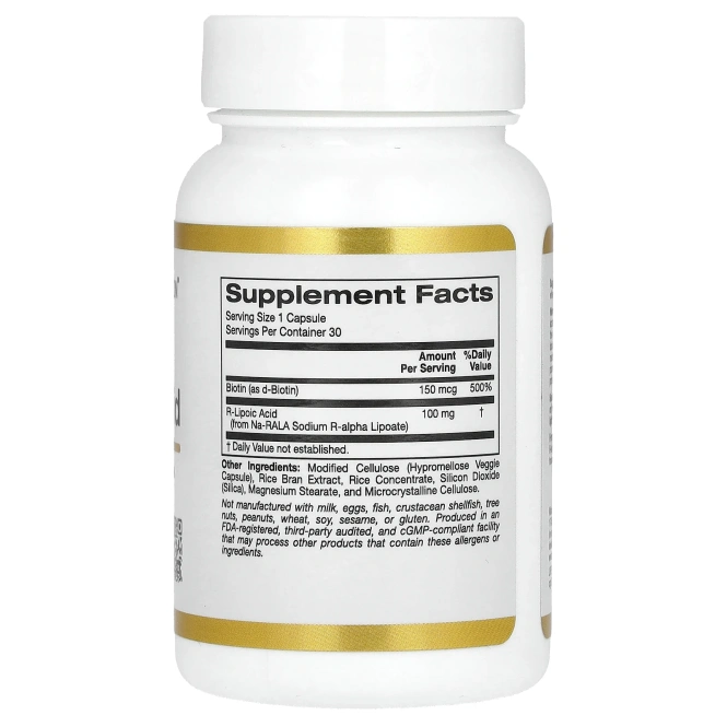 California Gold Nutrition, стабилизированная R-липоевая кислота, 30 растительных капсул
