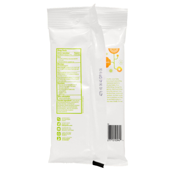 BabyGanics, Очищающие салфетки для рук, не содержат спирта, мандарин, 20 салфеток