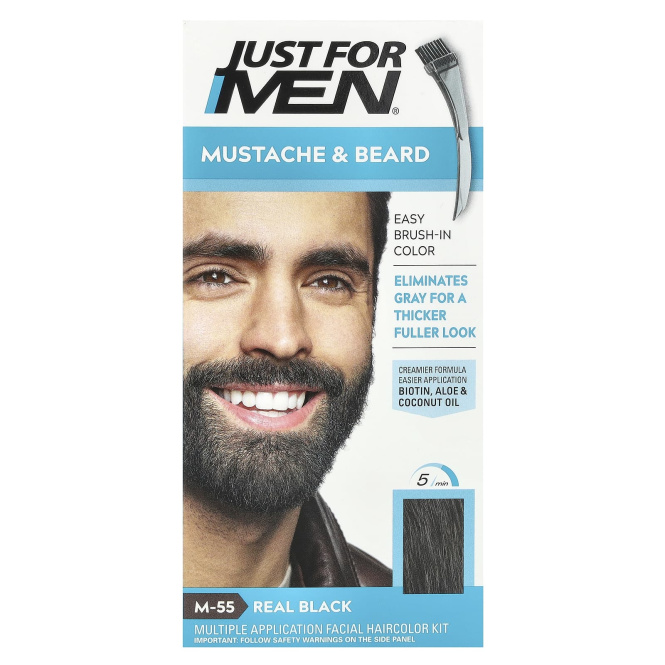Just for Men, Гель для окрашивания усов и бороды Mustache & Beard, кисточка в комплекте, оттенок черный M-55, 2 шт. по 14 г