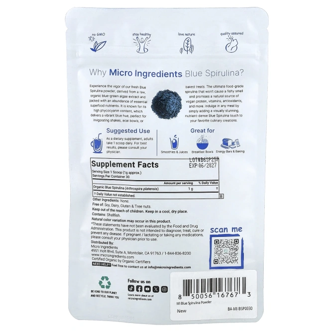 Micro Ingredients, органическая голубая спирулина, 30 г (1,05 унции)