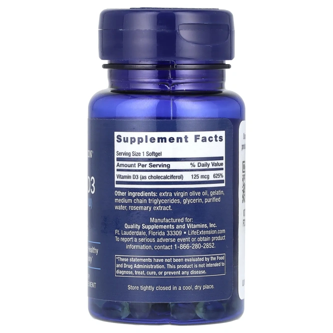 Life Extension, Витамин D3, 5000 МЕ, 60 гелевых капсул