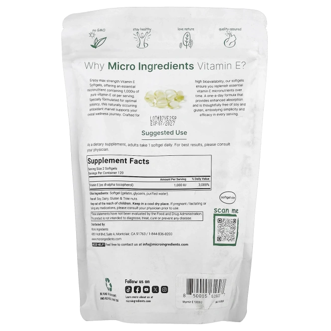 Micro Ingredients, Витамин E, 240 мягких таблеток (500 МЕ в каждой капсуле)