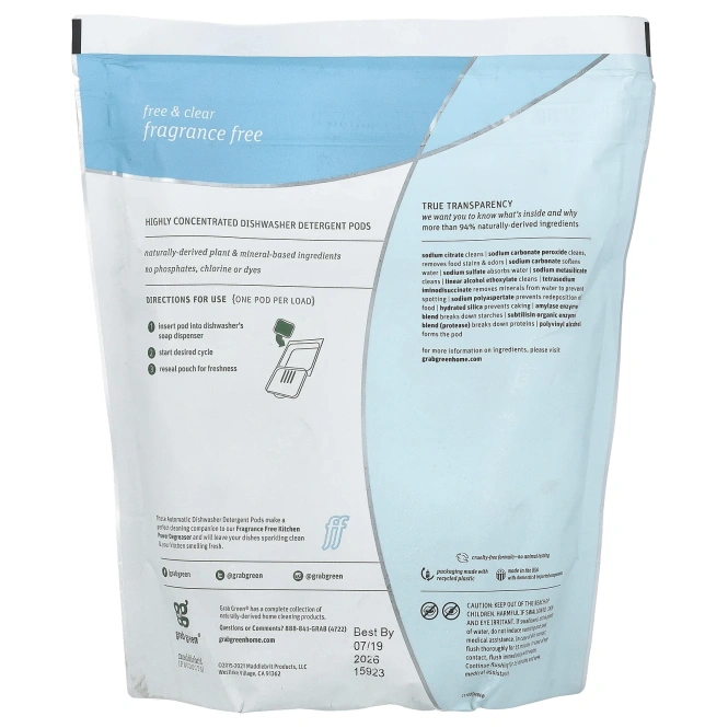 Grab Green, Моющее средство для посудомоечных машин, без ароматизаторов, 60 загрузок, 2 фунта, 4 унции (1080 г)