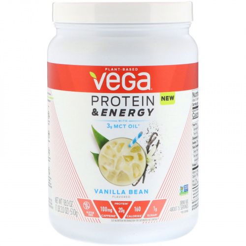 Vega, Protein & Energy with 3g MCT Oil, Vanilla Bean, 18 oz (510 g) .