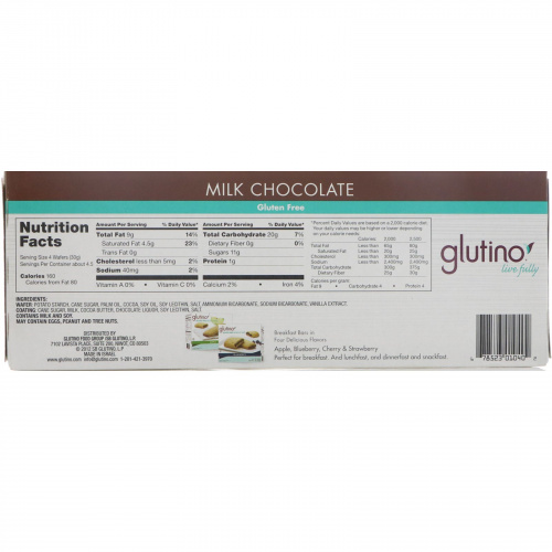 Glutino, Безглютеновые вафли покрытые молочным шоколадом, 4,6 унций (130 г)