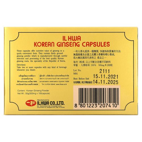 Ilhwa, Корейский женьшень, 500 мг, 100 капсул