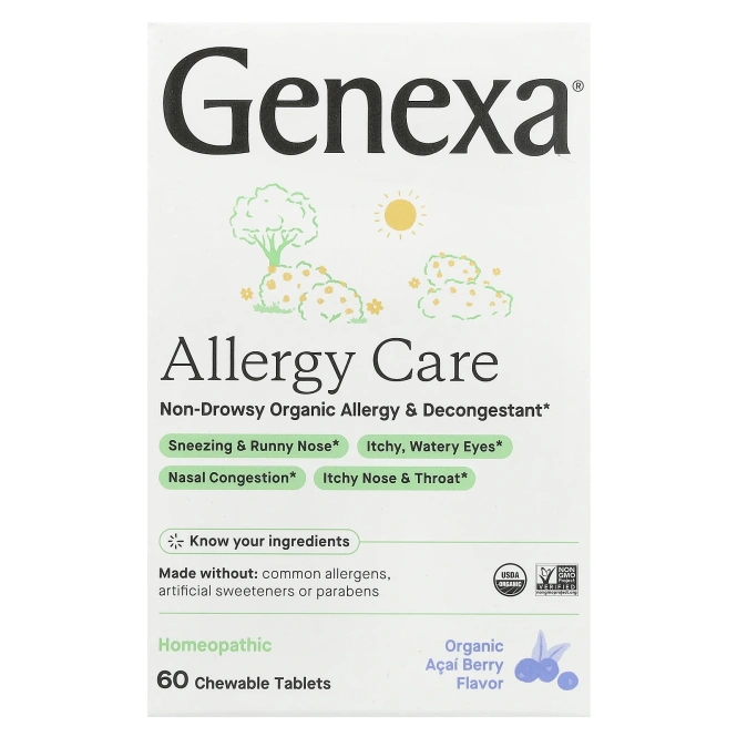 Genexa, Allergy-D для взрослых, органическое средство против аллергии, со вкусом ягод асаи, 60 жевательных таблеток