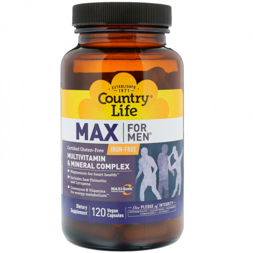 Country Life, Max для мужчин, Мультивитаминная и минеральная добавка без железа, 120 растительных капсул