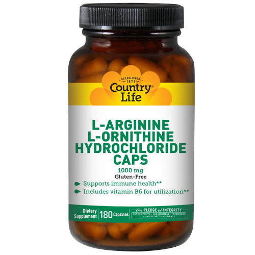 Country Life, L-аргинин и L-орнитина гидрохлорид в капсулах, 1000 мг, 180 капсул