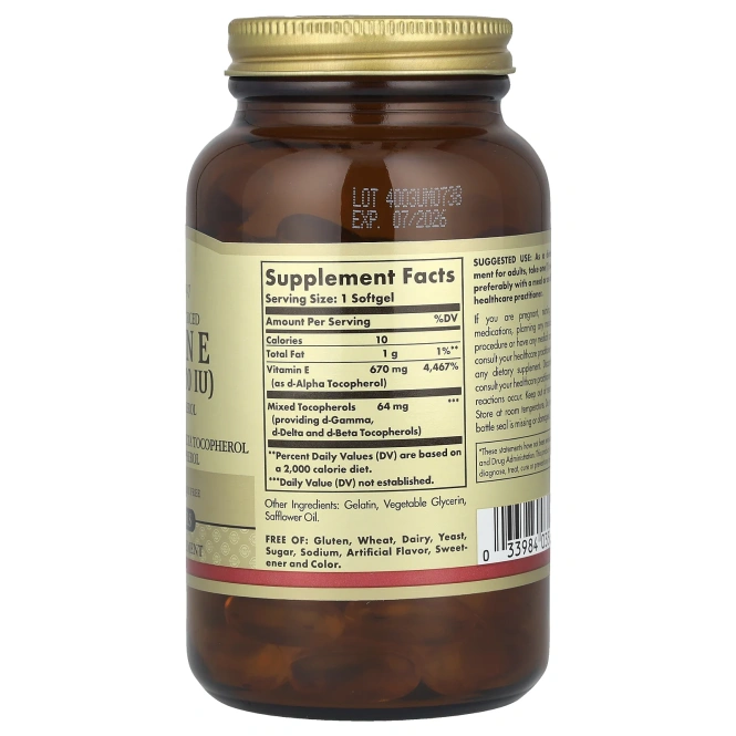 Solgar, Натуральный витамин E, 1000МЕ, 100 мягких капсул
