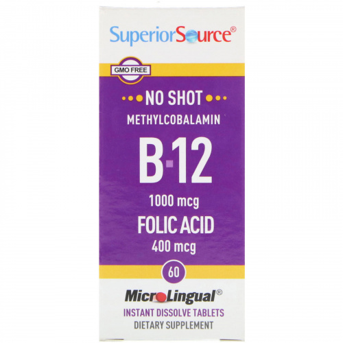 Superior Source, B-12 Метилкобаламин и Фолиевая Кислота, 1000 мкг/400 мкг 60 мгновенно растворимых таблеток