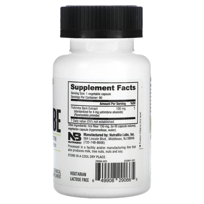 NutraBio, йохимбе, 100 мг, 90 капсул (100 мг в капсуле)