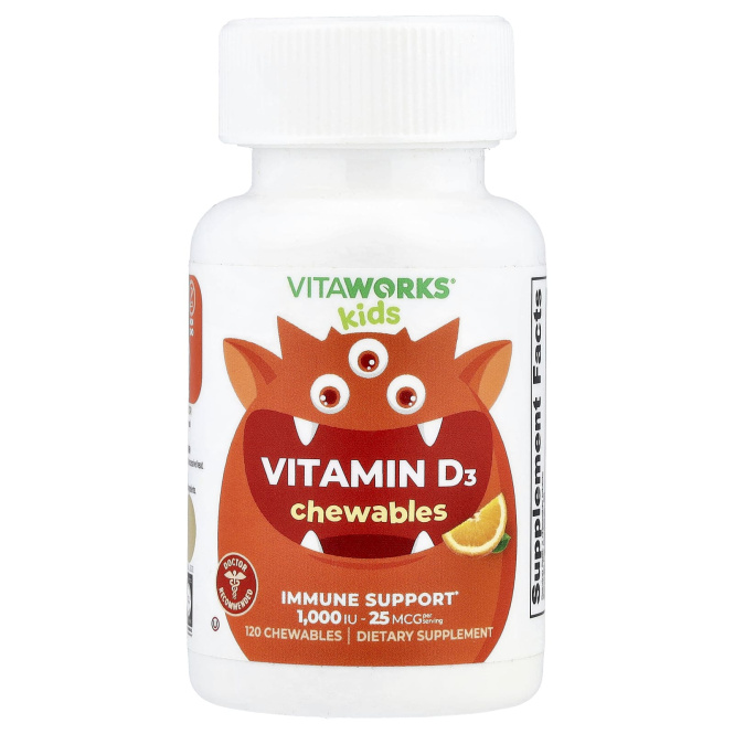 VitaWorks, витамин D3 для детей, апельсин, 120 жевательных таблеток