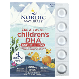 Nordic Naturals, Children's DHA, жевательные таблетки с ДГК, со вкусом тропических фруктов, 600 мг, 30 жевательных таблеток